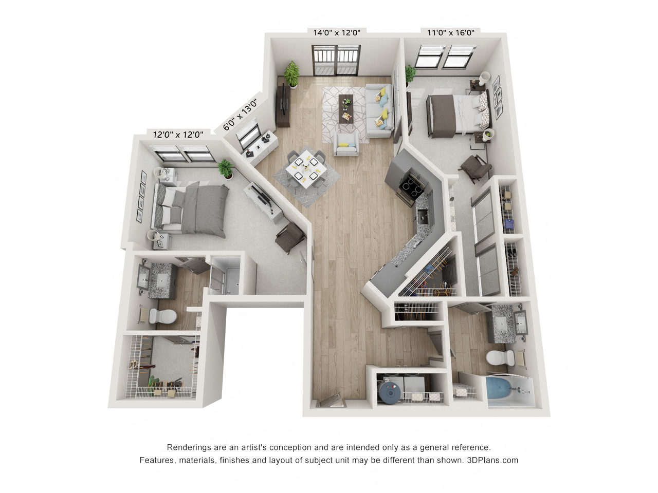 Floor plan for 2 beds, 2 baths, 1219 sqft